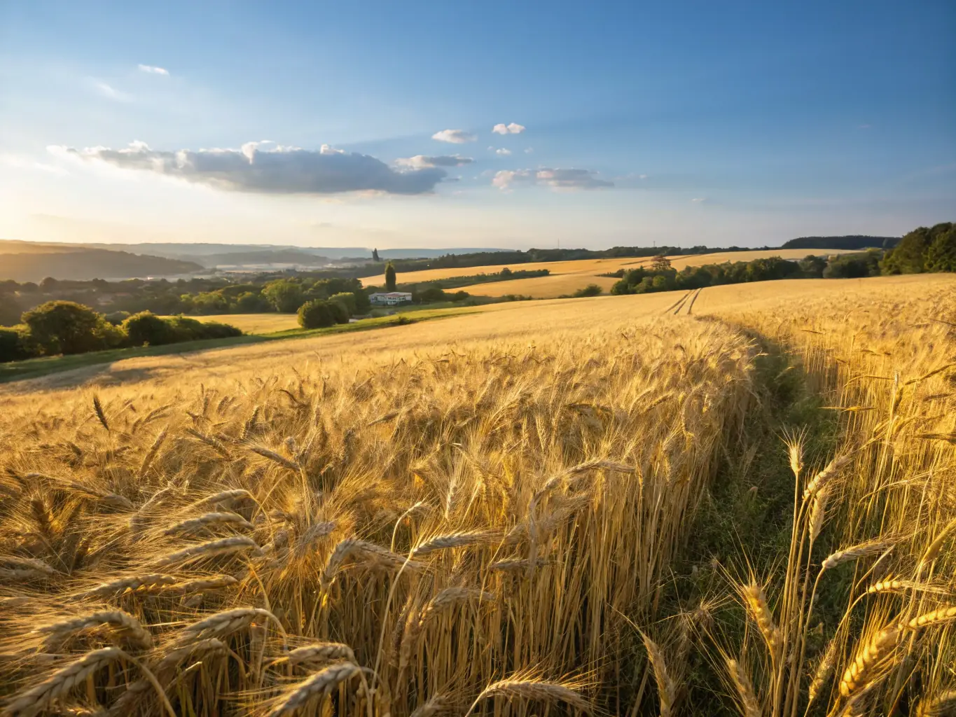 A vast field of golden wheat swaying gently in the breeze, symbolizing the abundance at Hillcrest Farm AB Ltd.