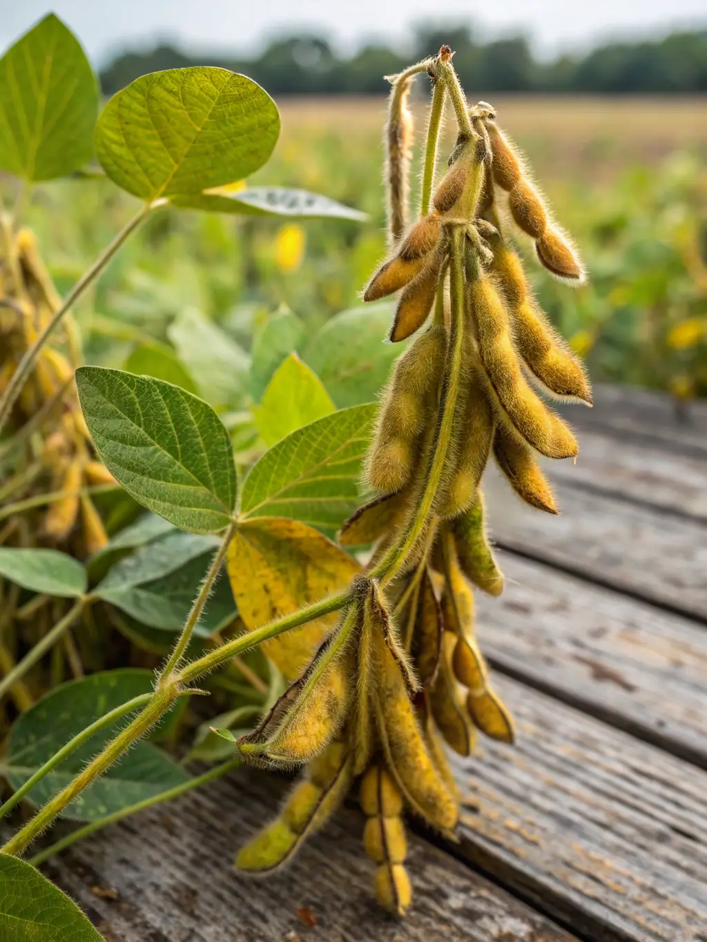 A field of lush soybean plants at Hillcrest Farm, with close-ups highlighting the healthy pods and beans, demonstrating the farm's commitment to quality.